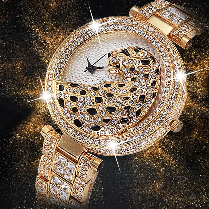 MISSFOX Women Quartz Watch Fashion Bling Casual Ladies Gold Watch Crystal Diamond Leopard for Women Clock