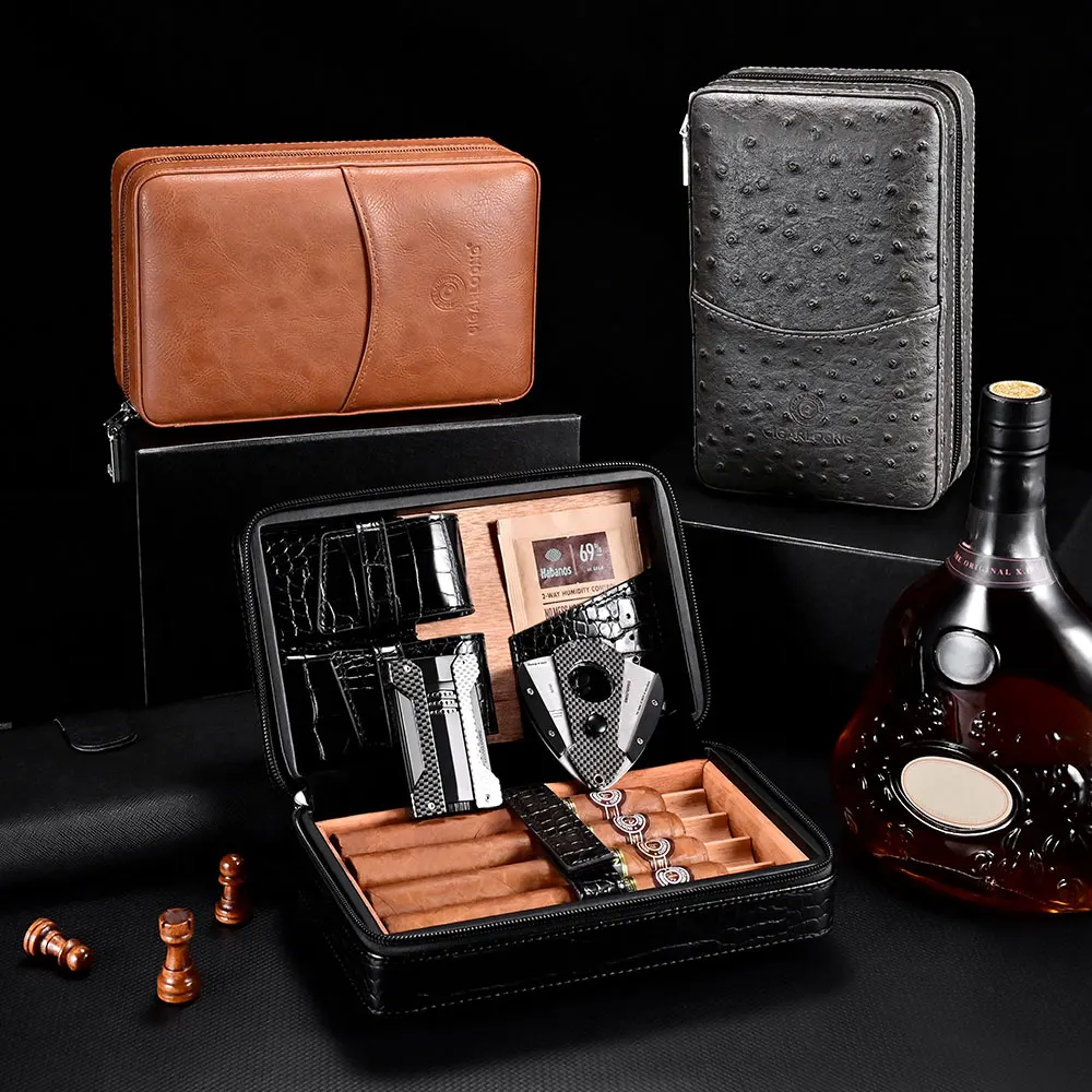 CIGARLOONG Cigar Humidor Cow Leather Set Gift Box Portable Multifunction with Cutter Lighter Drill Moisturizing