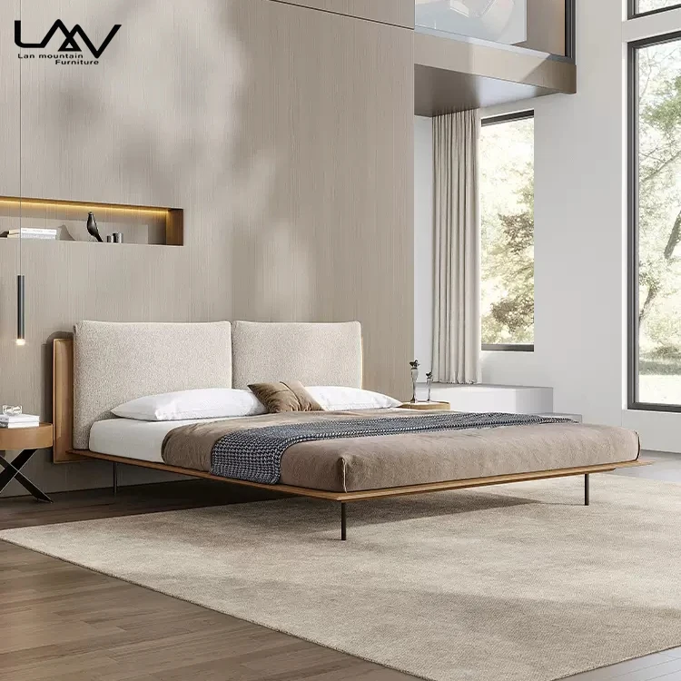 Italian design hotel fabric+leather soft king size bed villa bedroom luxury upholstered double bed furniture