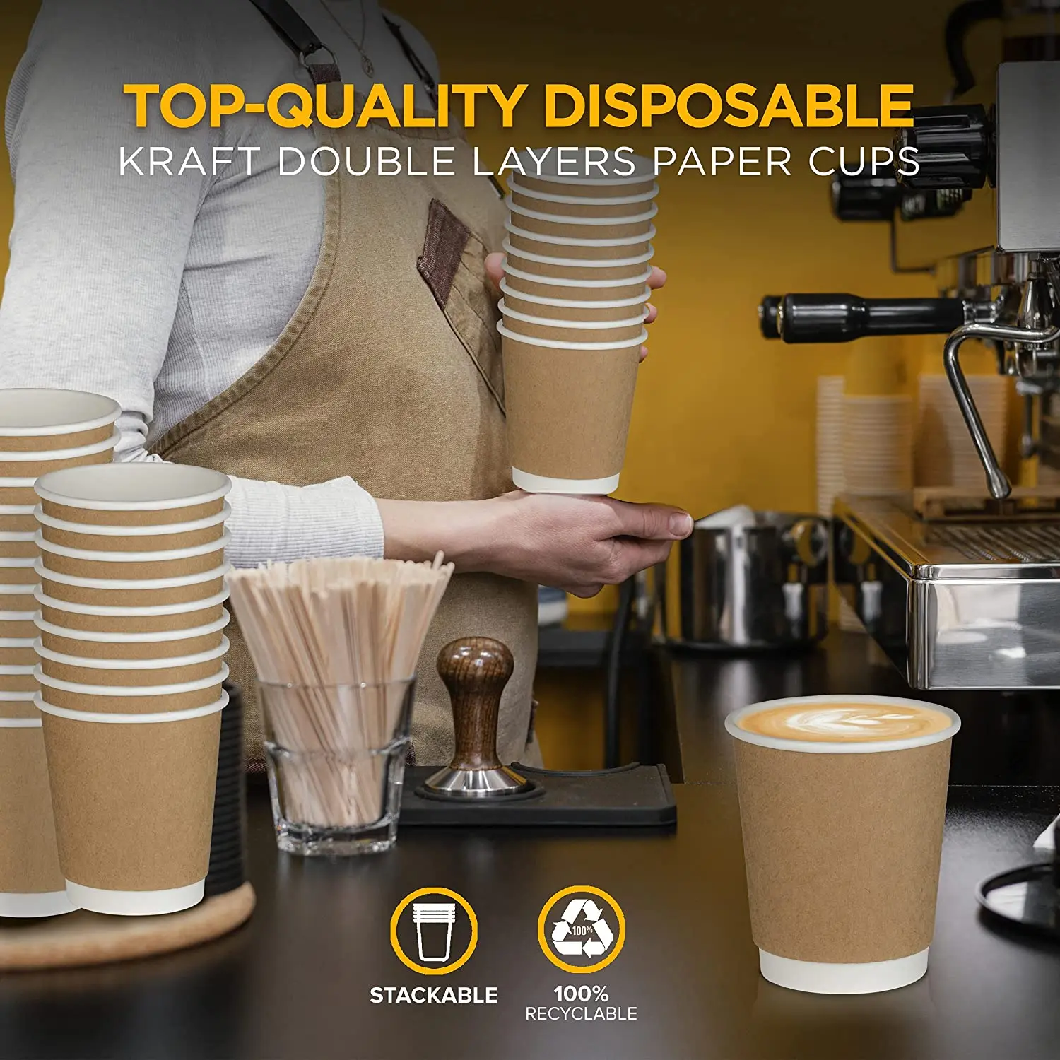 8oz 12oz 16oz Custom Logo Kraft paper Disposable Double Wall  Coffee recyclable cups Coffee Cups with Lids For Shop Party