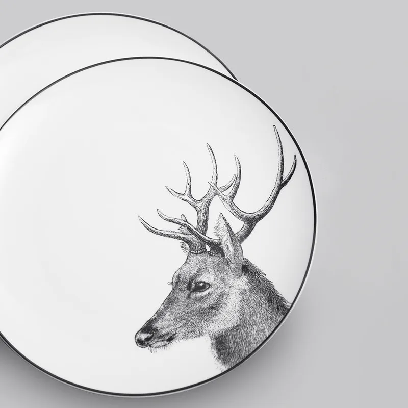 2pcs Porcelain Streak Plate Animal Elk Hamburger Breakfast Beef Steak Ceramic Dinner Plate 10.5 Inch Modern Steak Plate Set