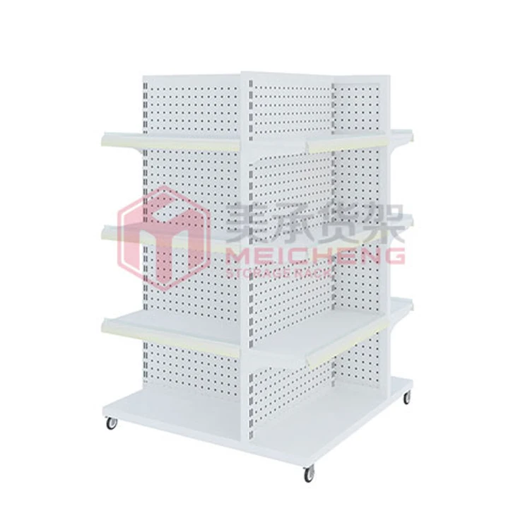 Meicheng 4 Side Supermarket Promotion Display Counter Wood Display Shelves For Retail Stores Cosmetic Supermarket Shelves