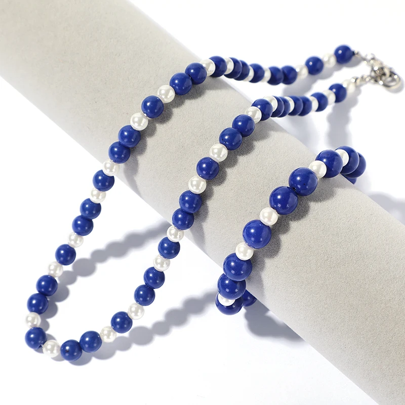 Factory Wholesale Fashion Stainless Steel Crystal Necklace Sets Pearl Blue Ombre Beads Weddings Parties Natural Plating Women