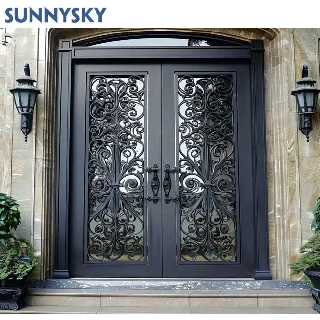 Роскошные входные двери Sunnysky со стеклянными коваными большими входными дверями