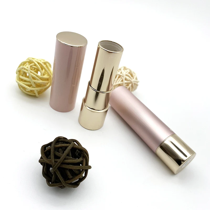 Empty pink gold round lipstick tube vertical fine Stripe three parts additional top metal piece flat inner tube click top tube