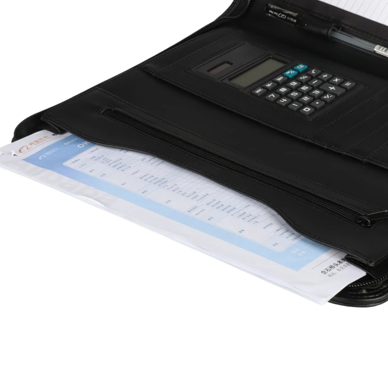 Zipper Document Padfolio Folder Black Business Zippered PU Leather A4 Documents Padfolio Portfolio Folder with Calculator