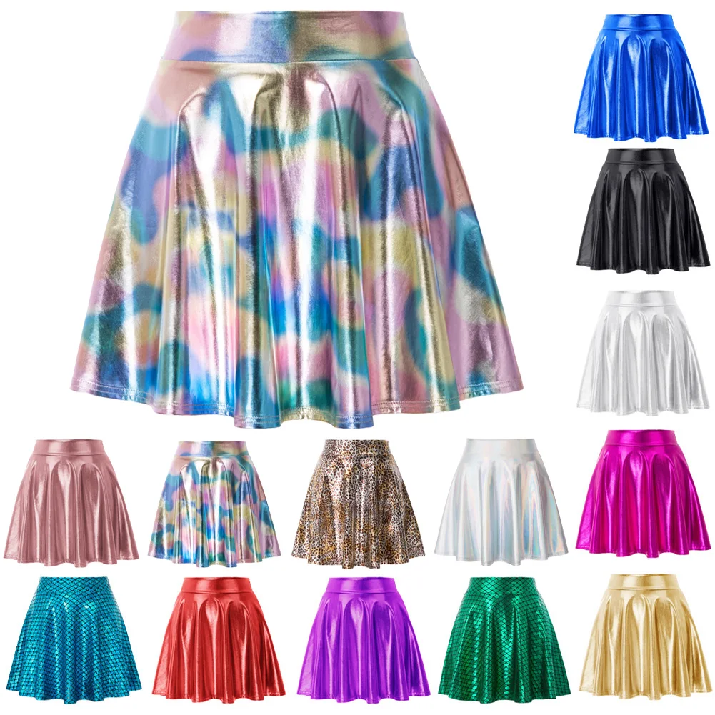 KK001128 Women Retro Style Imitated Leather Shiny Metallic Skater Skirt