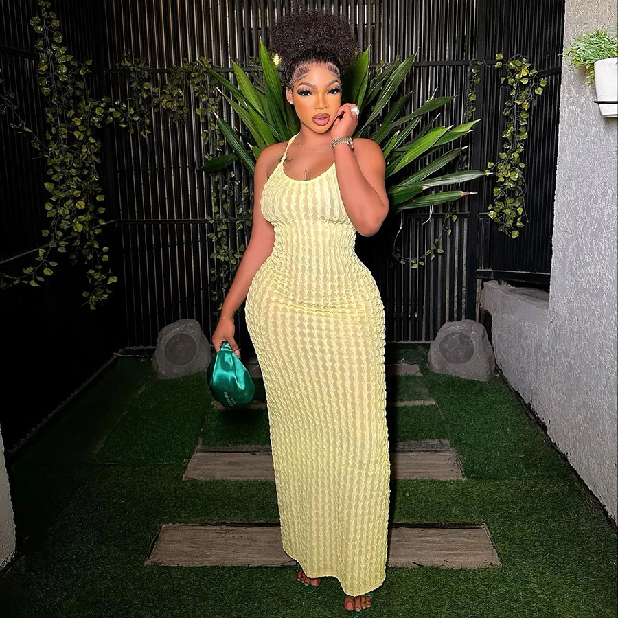 Kliou K23D26525 Solid Ruched Maxi Dresses Ladies Strap Bandage Slim Dress Backless Bodycon Women Casual Dresses