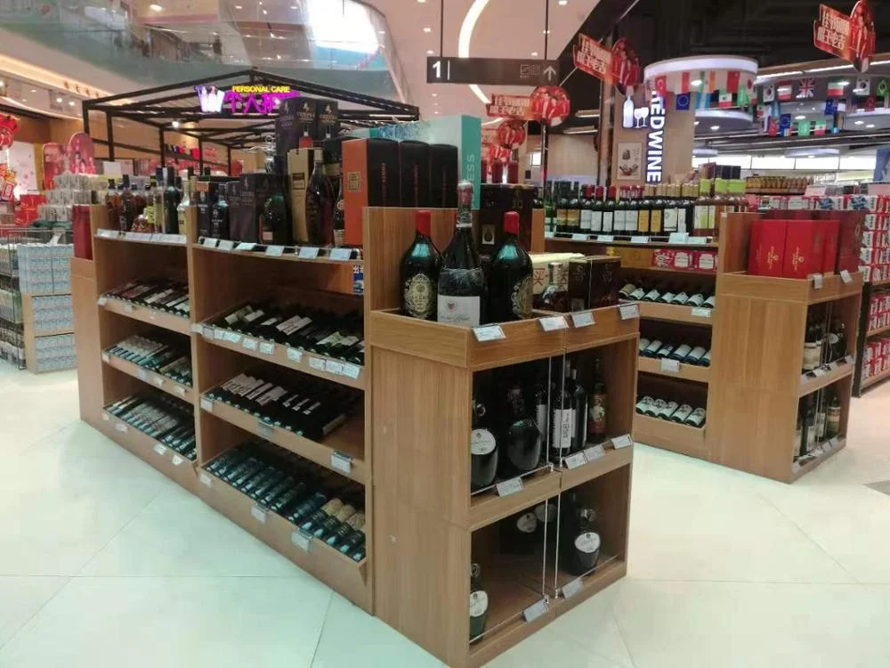 Custom Supermarket Wine Cellar Red Wine Glass Bottle Beer Drink Alcoholic Beverage Wooden Display Cabinet Shelf Stand