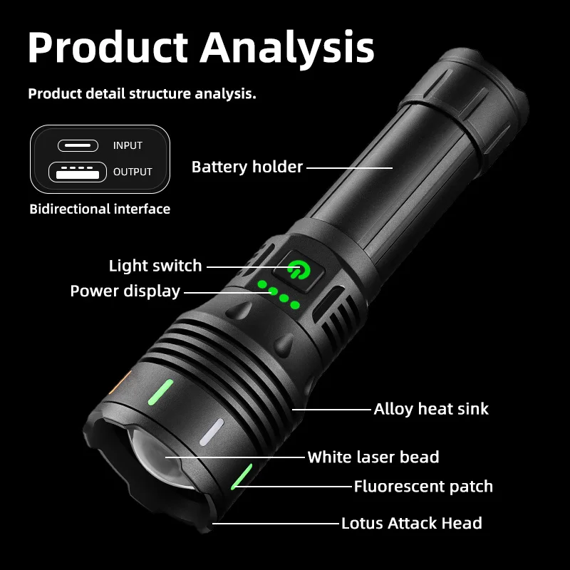 USB-C Rechargeable Aluminum Alloy Flashlight Outdoor Adventure Fluorescent Strong Lighting LED Bulb White Laser Bright Function