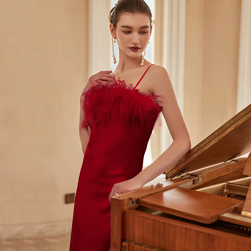 Custom Elegant Evening Party Dress Ostrich Feather Bridal Pajamas Night Dresses For Women