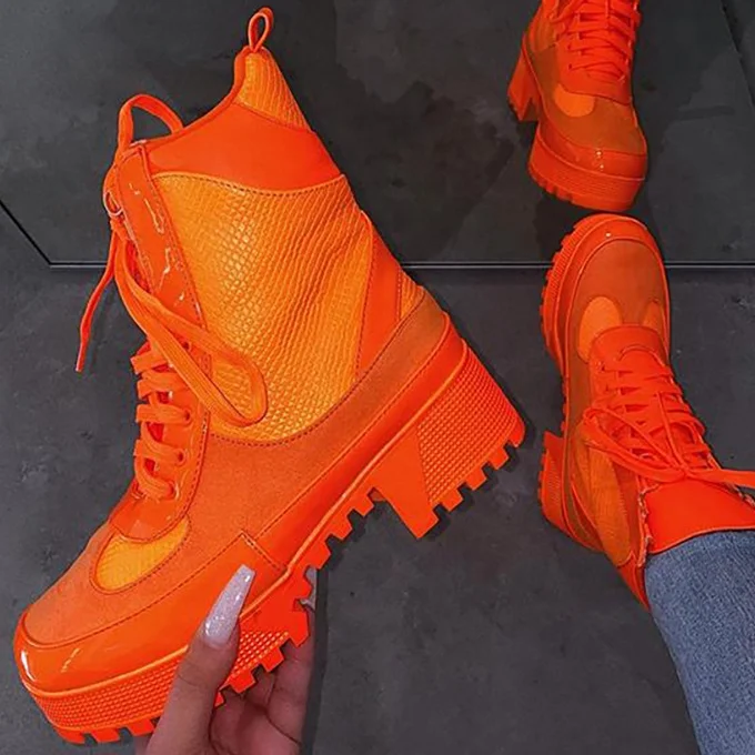 Snake Print Platform Patchwork Color Block Heel  Boots Round Toe Lace Up Solid Black Orange Stylish Women Half Knee High Boots