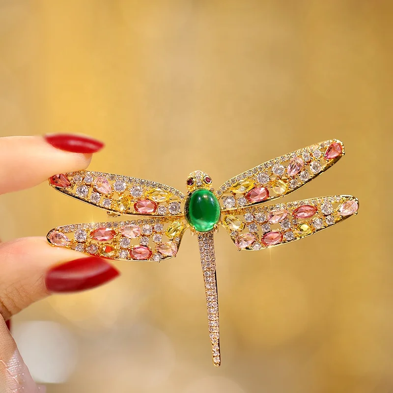 XILIANGFEIZI Vintage Elegant Insect Accessory Copper Zircon 18K Gold Green Gemstone Dragonfly Brooch for Women