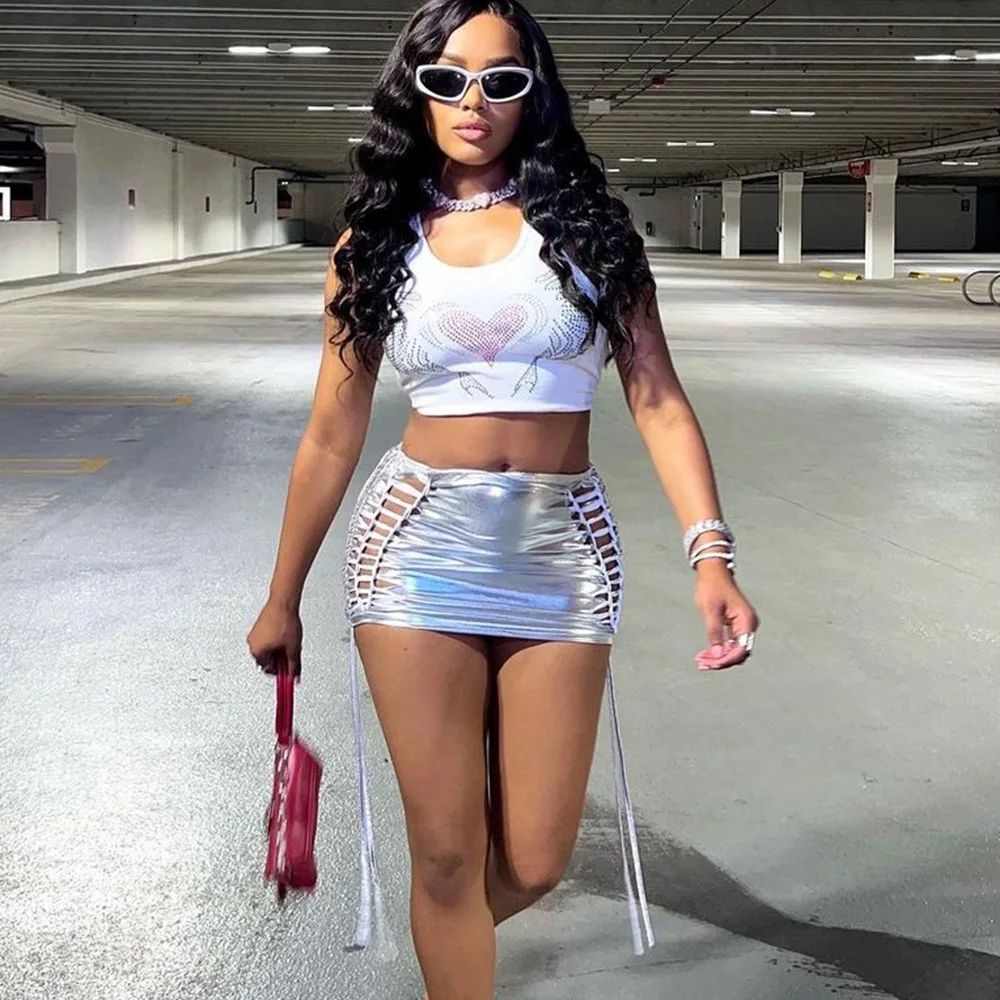 Hot Sale Summer Women Sexy Skirt Mini Short Skirt Bright leather tassel high elastic hollow lace skirt for women