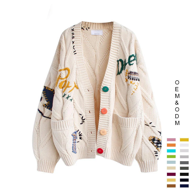 Custom Logo Oversized Knitted Embroidery cardigan Ladies Fashion Knit Jacquard Loose Women Cardigans Sweater With Pockets