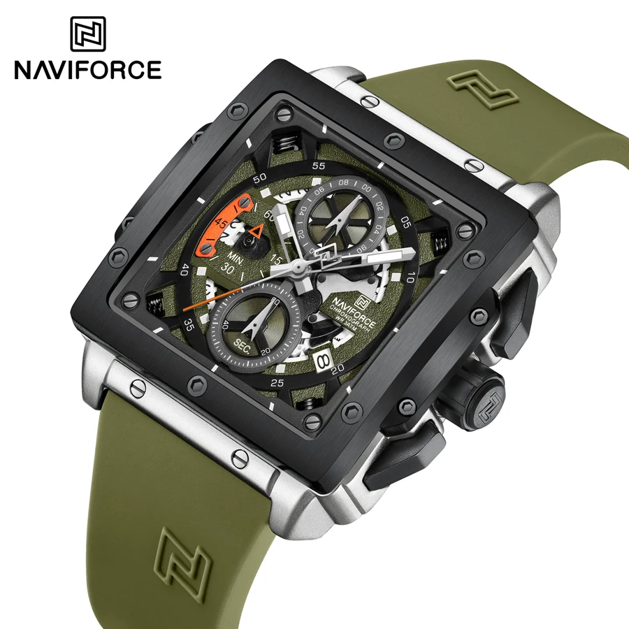 8064 серебристо-зеленые часы NAVIFORCE квадратные модные спортивные оригинальные наручные с хронографом и светящимися руками