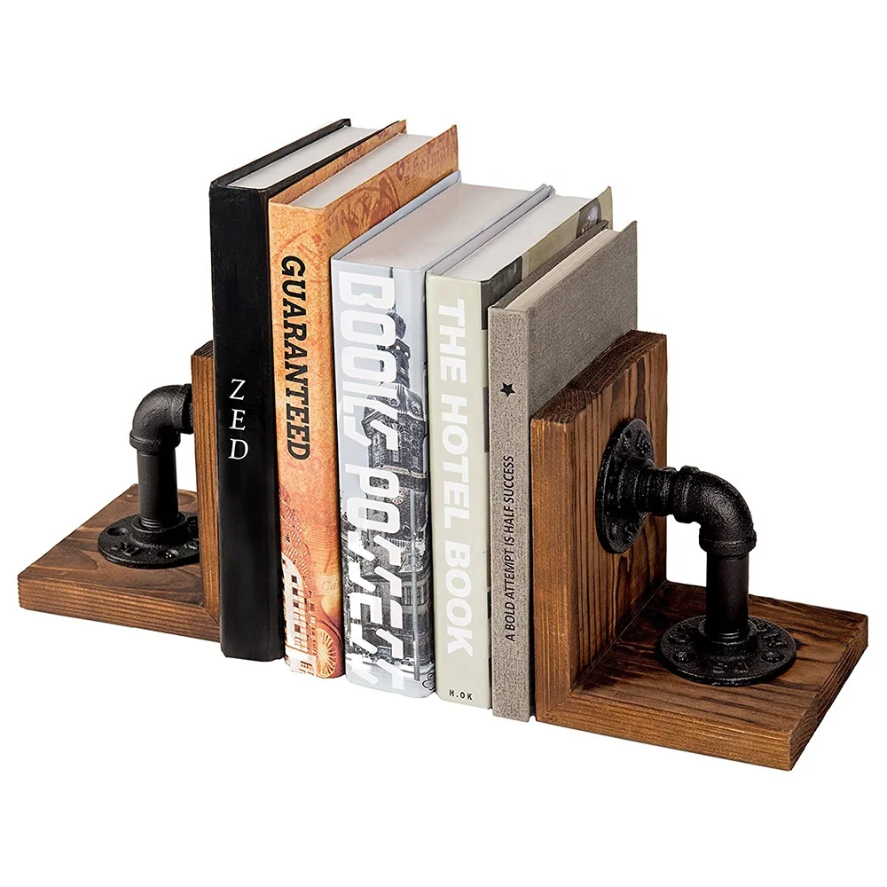 Rustic Industrial-Style Pipe & Rustic Wood Tabletop Bookends Set of 2