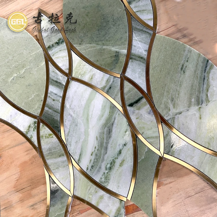 green marble mosaic tiles  mix brass for wall decoration and hotel backsplash