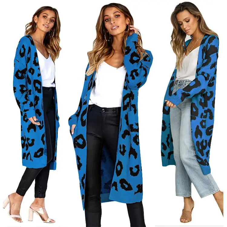 Wholesale Fashion Custom Midi Loose Leopard Print Women Cadigan Outwear Open Knitted Sweater Long Cardigans