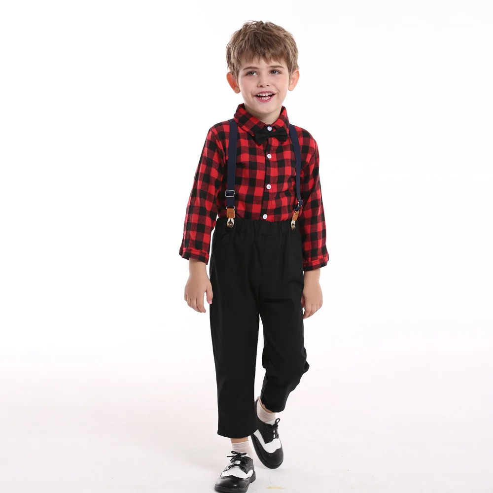 BEIBEIHAPPY Factory Direct Sale Party Boy Dressing Suit Kids Checkered Blouse Gentleman Style Children Formal Clothes Sets