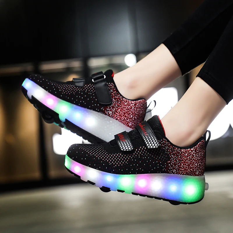 Two Wheels Retractable Roller Skate Shoes For Kids Light Up Fitness Sneakers