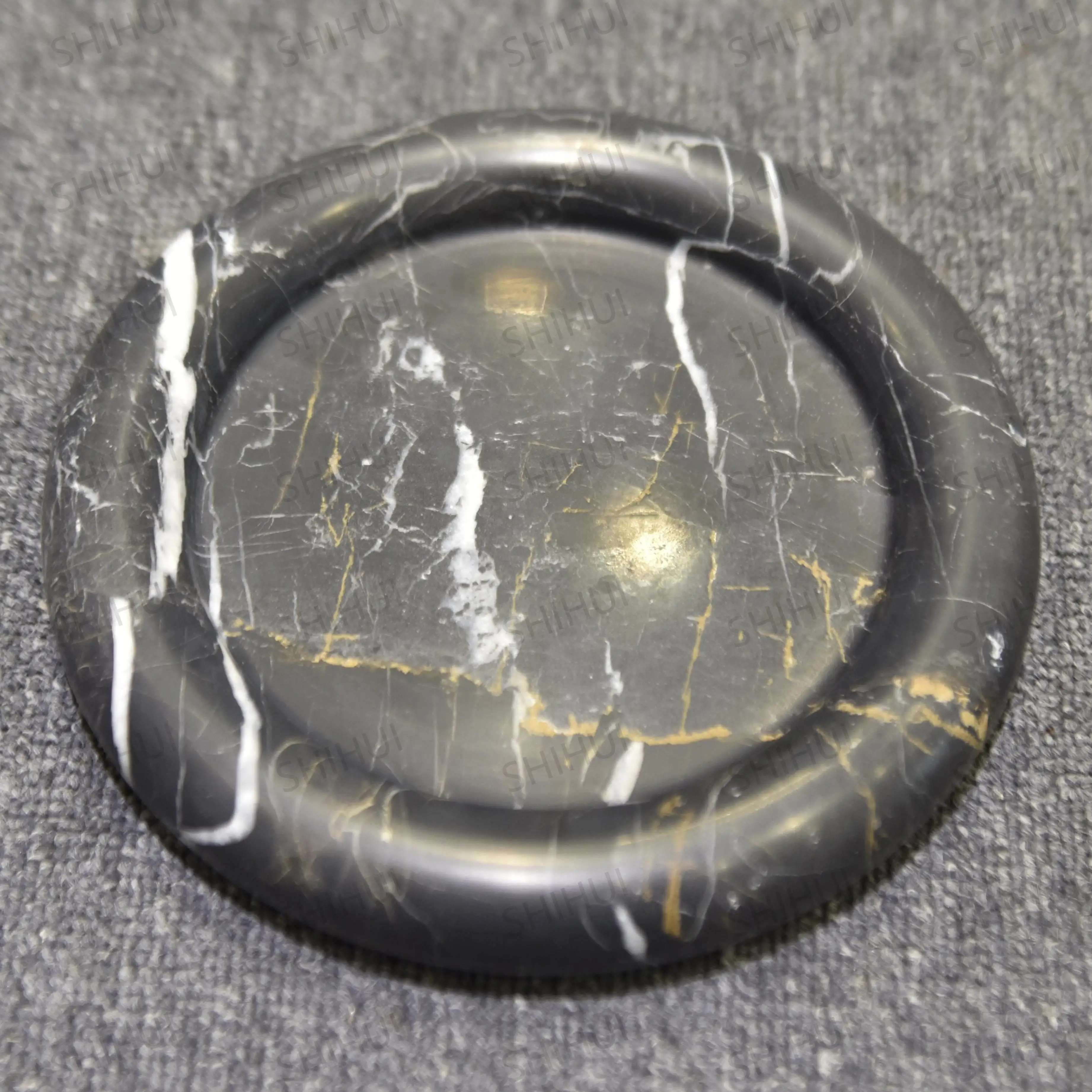 SHIHUI Wholesale Natural Stone Marble Decoration Craft Ornaments Round Shape Black Marble Bathroom Serving Tray