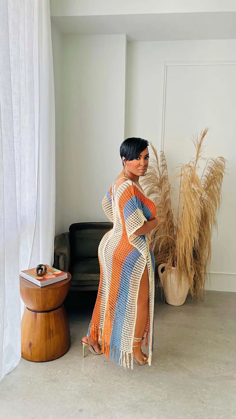 Fashion Causal Sleeveless Knitted Maxi Tassel Dress Summer Sexy Color Patchwork Hollow Out Beach Crochet Long Dresses