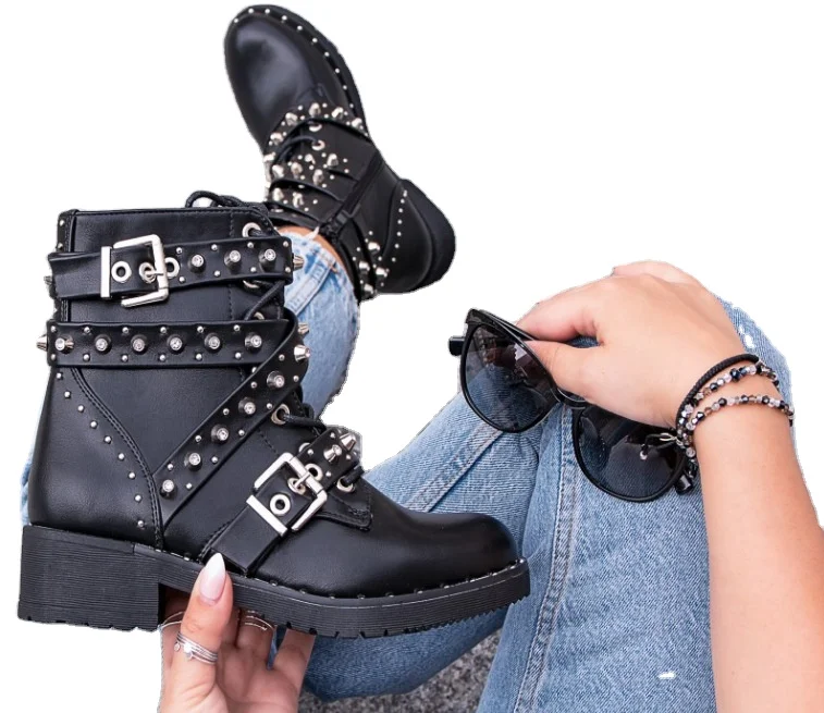 S030 Women Round Toe Sexy Spiked Martin Boots Women Shoes