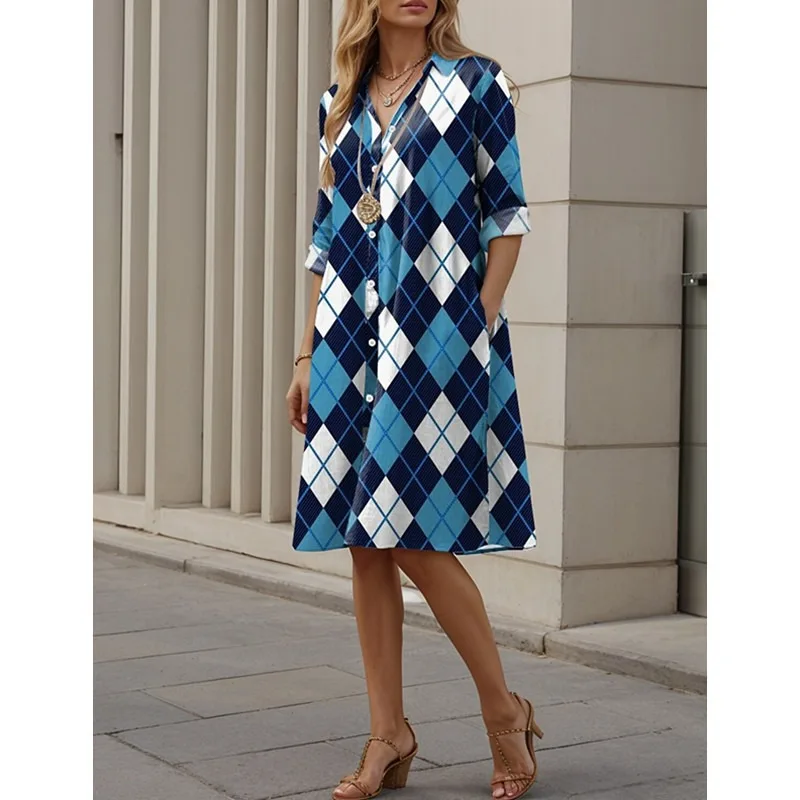 Hansilu New Multi-color Check Diamond Lattice Mosaic 3D Digital Print Loose Elegant Shirt Dress for Women