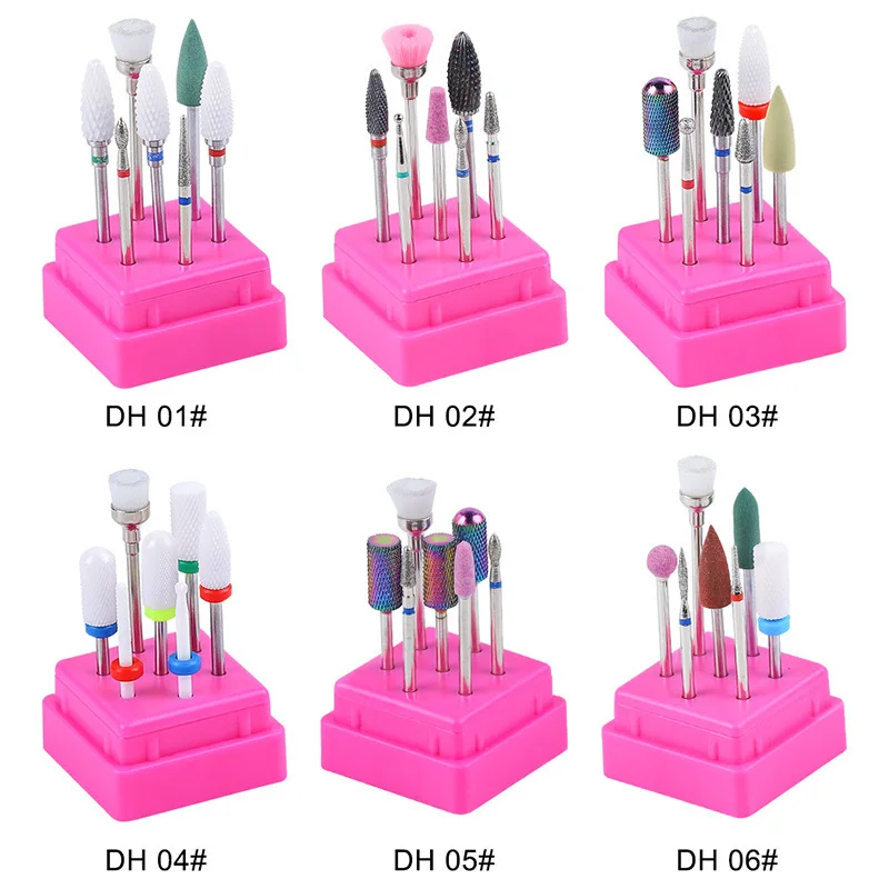 7Pcs/Set Ceramic Nail Drill Bits Set with Box Milling Cutter Manicure Machine Accessories Electric Nail Files Grinder Tools