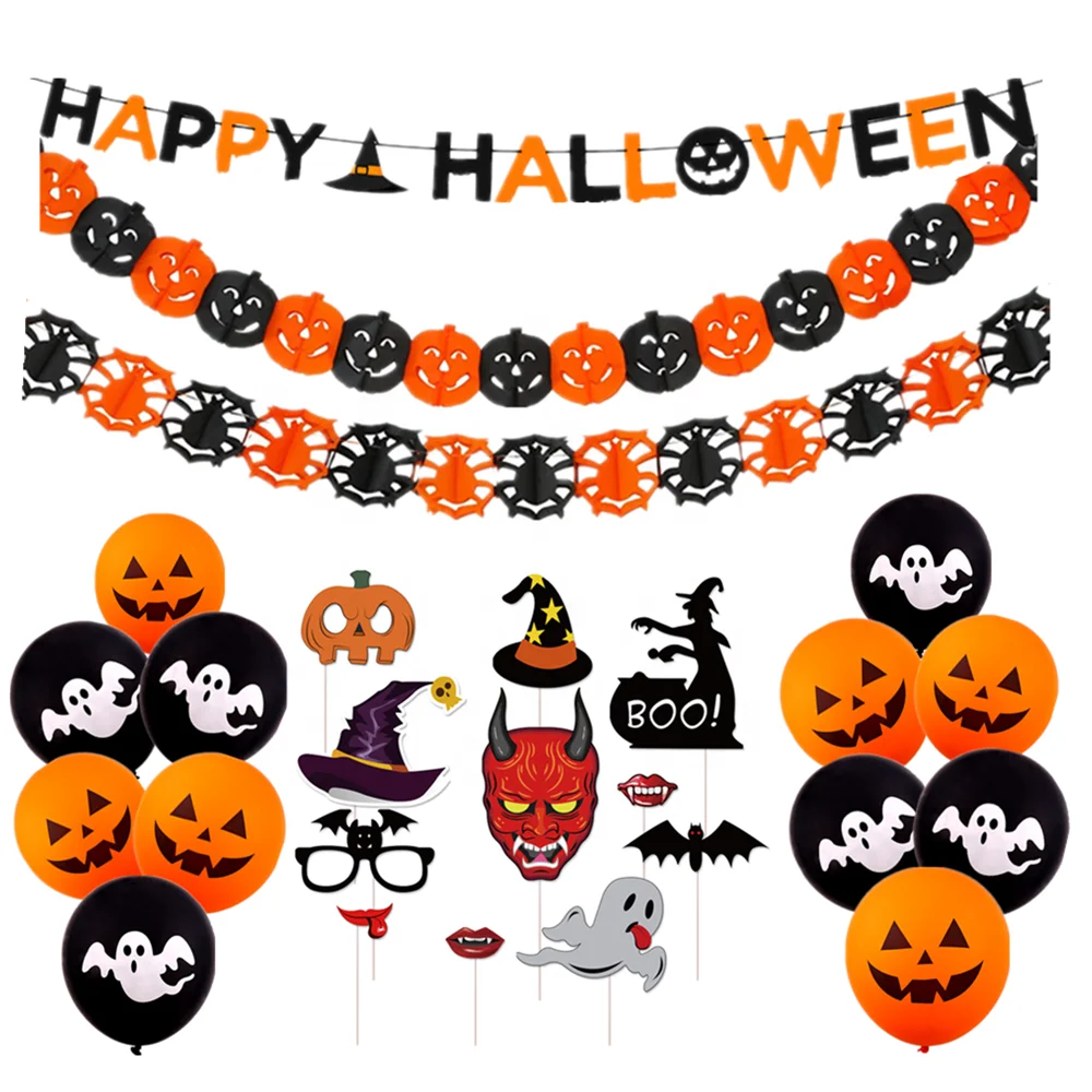 Pafu OEM halloween bar home decoration happy halloween banner paper garland photo booth props balloon halloween party supplies