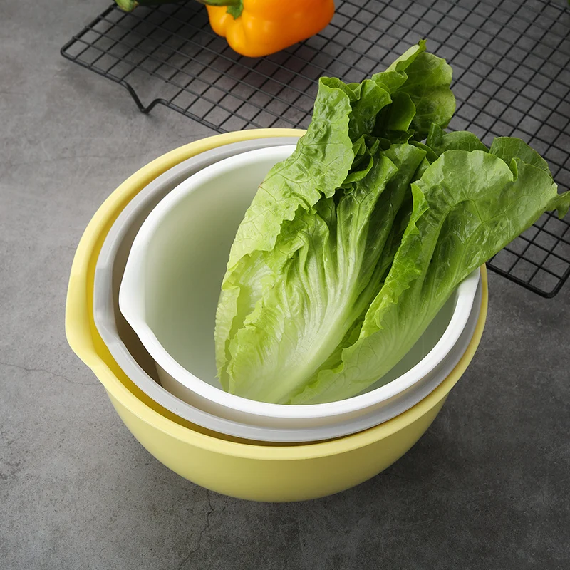 Multi-purpose kitchen accessories 3 pieces fruit vegetable storage basket color plastic mixing bowl set mixing bowls salad bowl
