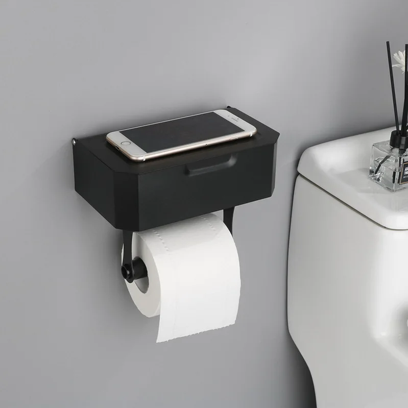 WEKIS WC Toilet Rolhouder Zwart Toilet Rol Papier Toiletpapier Houder Toiletrolhouder  Met Telefoonplankje Met Plankje Met Doos