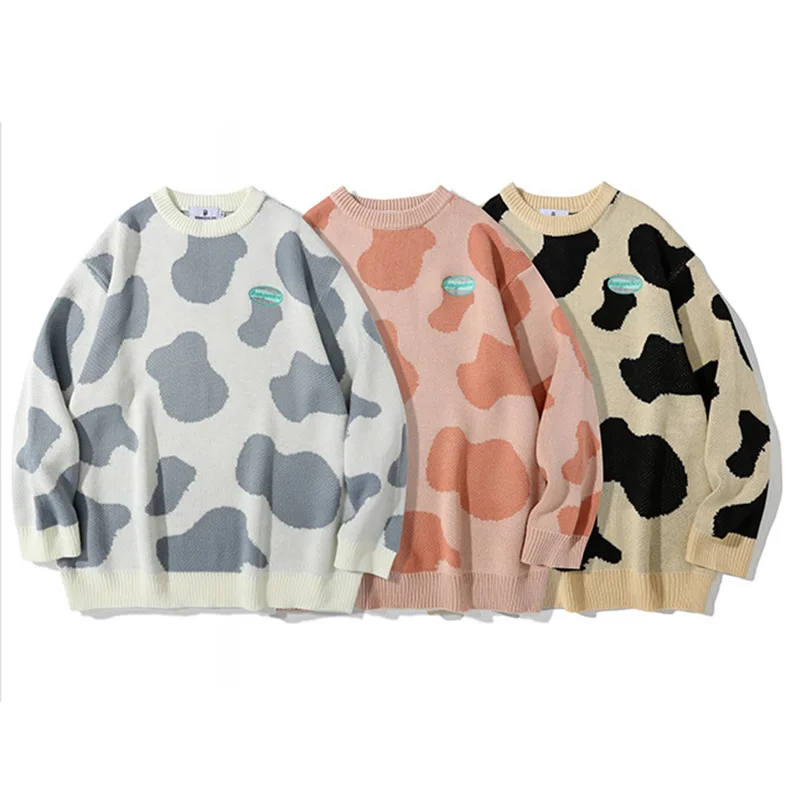 AW 2022 oversized desgin cow jacquard knitted pattern round neck casual pullover sweater