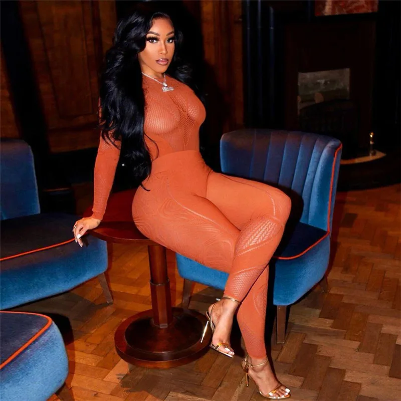 Wholesale fashion black hollow out see through bodycon jumpsuit long sleeve knitted one piece jumpsuits women