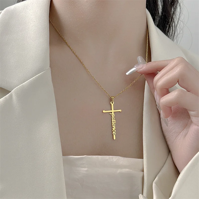 Hot Selling Religious Necklaces Jewelry High Quality Thicken Stainless Steel Trust Patience Hope Blessed Cross Charm Necklace