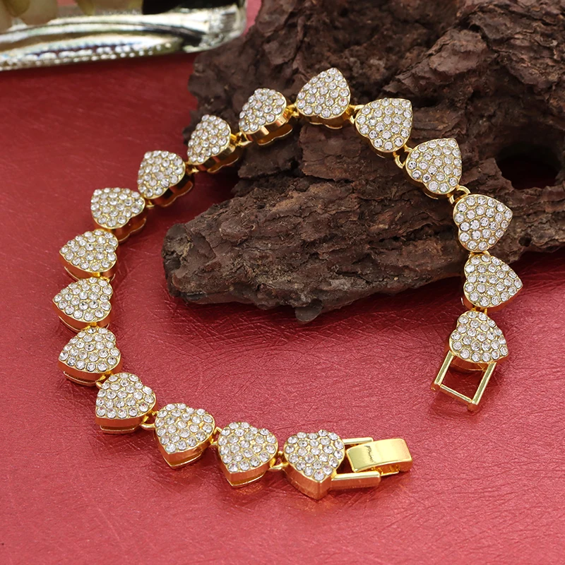 Wholesale Necklace Jewelry Cuban Chain - Full Diamond Peach Heart Chain Hip Hop Cuban Style for Men and Women