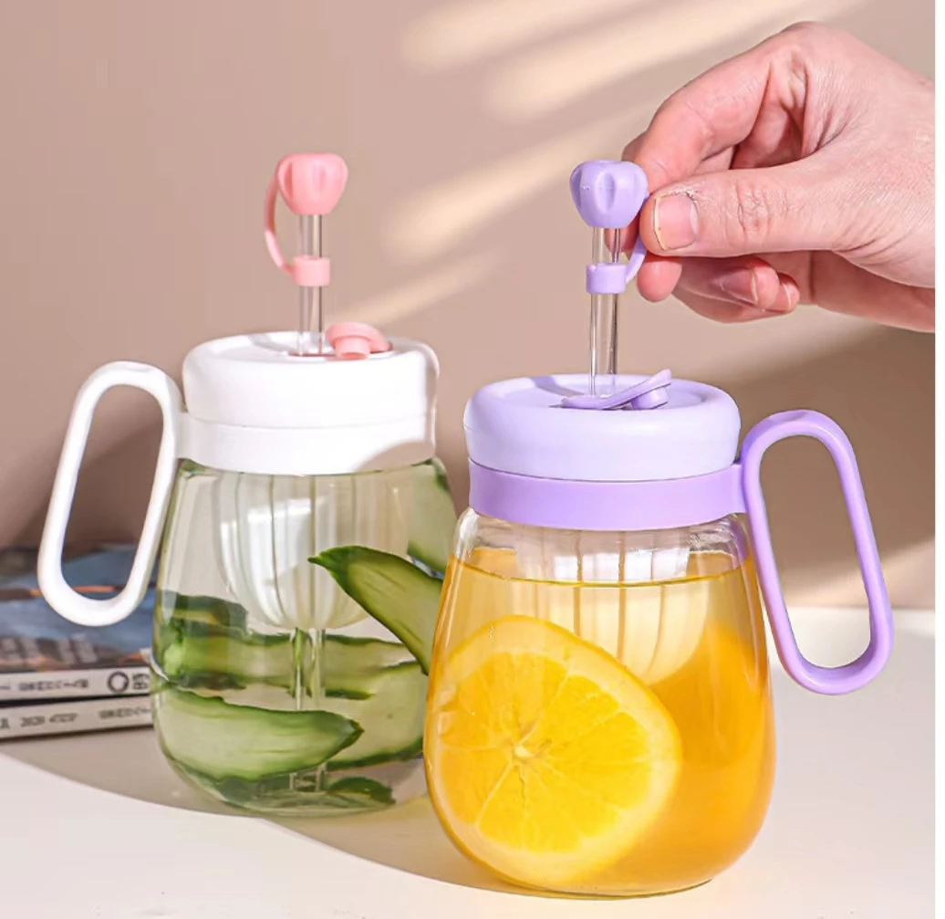 Stripe Glass Cup Transparent Glasses With Lid and Straw Ice Coffee Mug Tea Cup Juice Glass Milk Water Flower Cups Drinkware