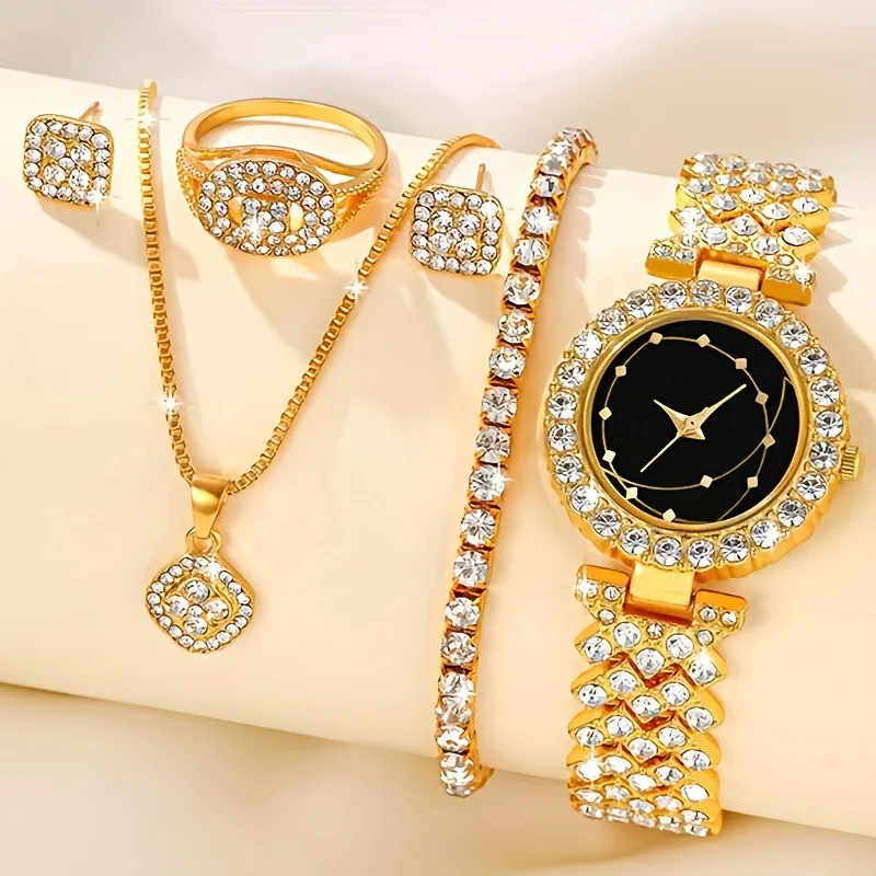Fashion Gold Women Watch Diamond Bracelet+ring+necklace+earrings Full Crystal Watches Bracelet Gold Chain Clock for Female