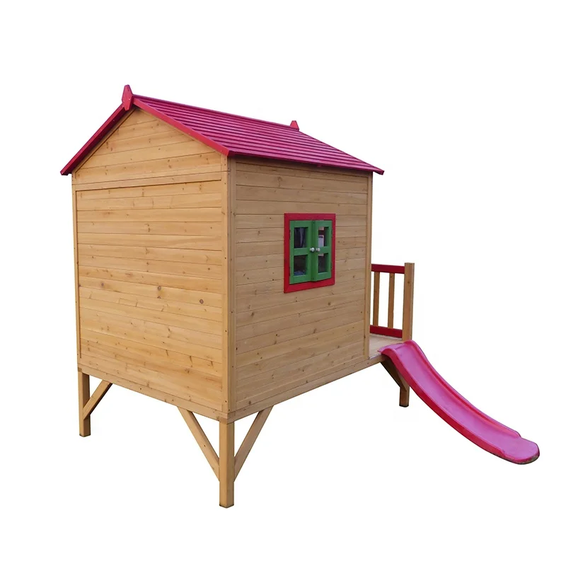 wooden kids outdoor playhouse with slide and stair