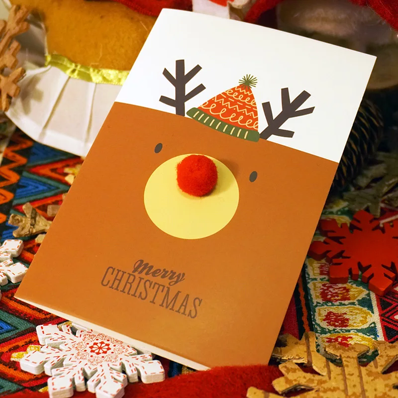 Wholesale Custom Printing Logo  3D woolly Red Nose Christmas Moose Elk Wishing Gift Paper Greeting Card