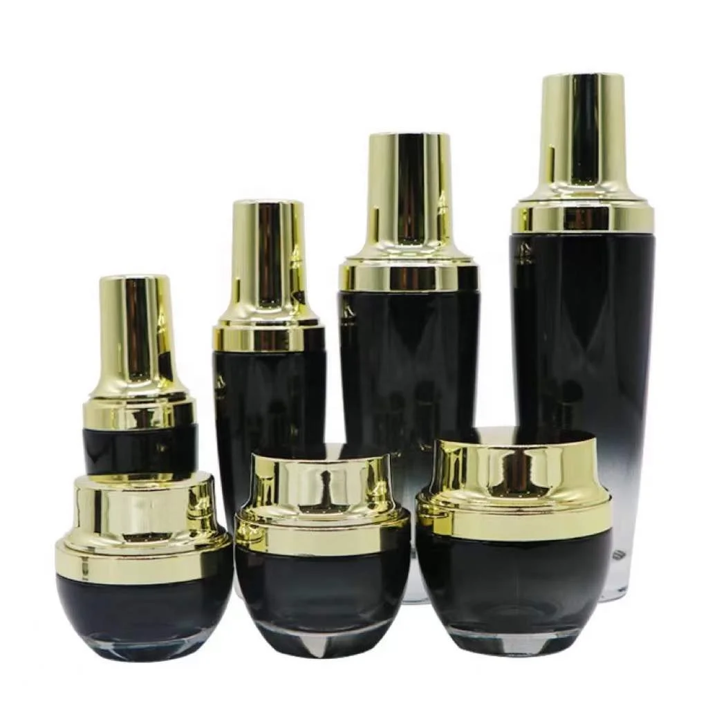 Essential Oil Essence 15 20 30 50ml Cosmetic Glass Bottle Black Gold Emulsion with Silver New Amber Emulsion Pump Dropper Small