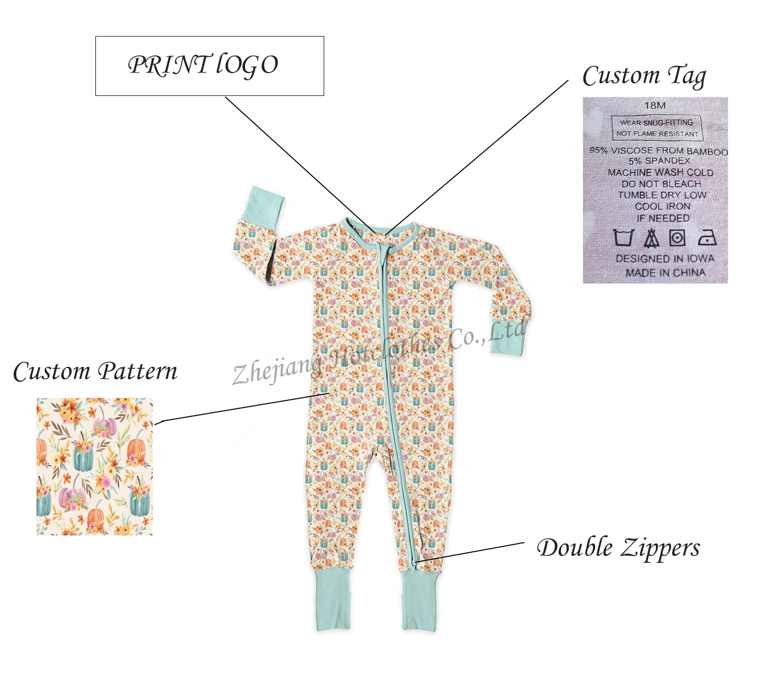 Custom Print Baby Zipper Bamboo Footed Pajamas