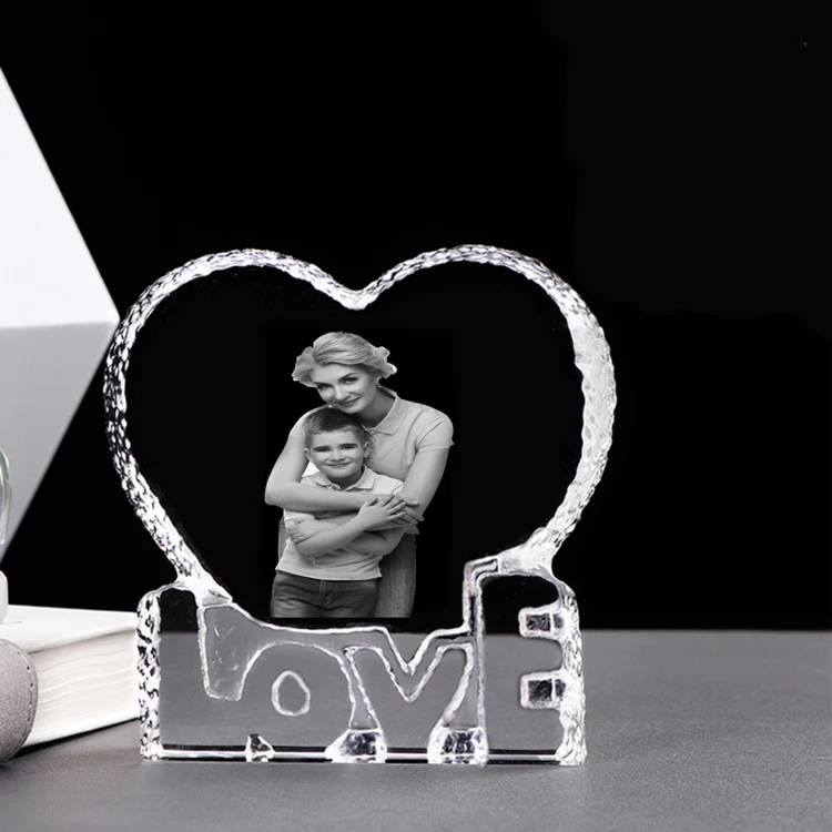 High quality custom 3D laser engraving baby hand and foot heart shape crystal glass photo frame
