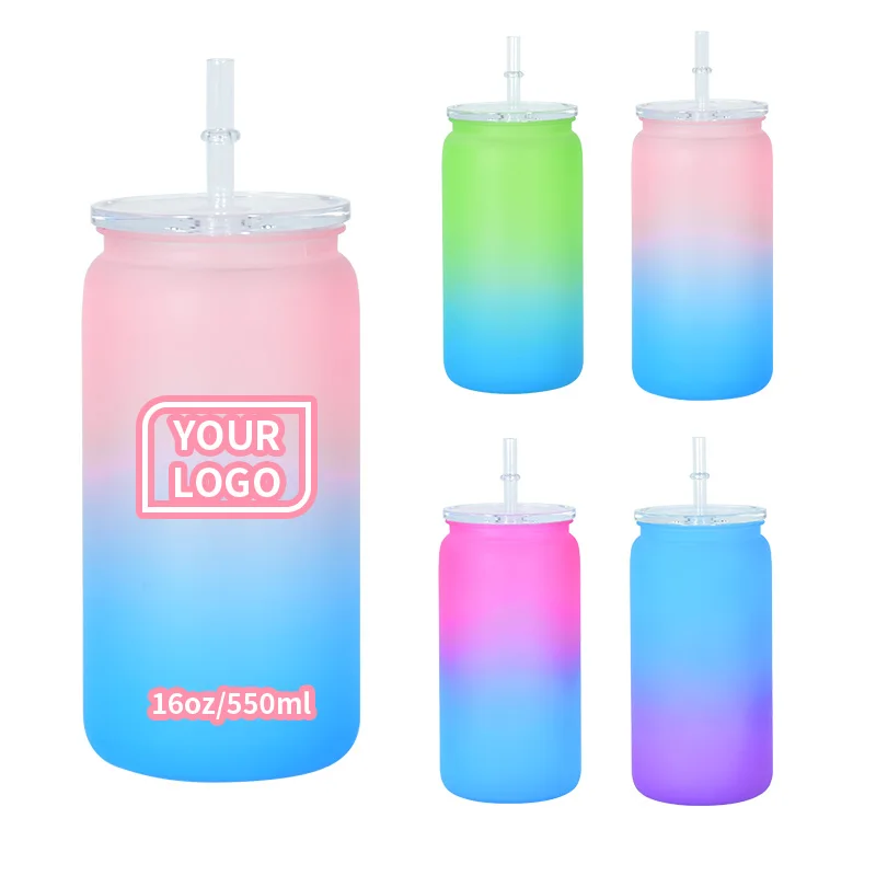 16oz ombre пластиковая пивная банка чашка для сублимации и наклейка с прозрачной пластиковой крышкой