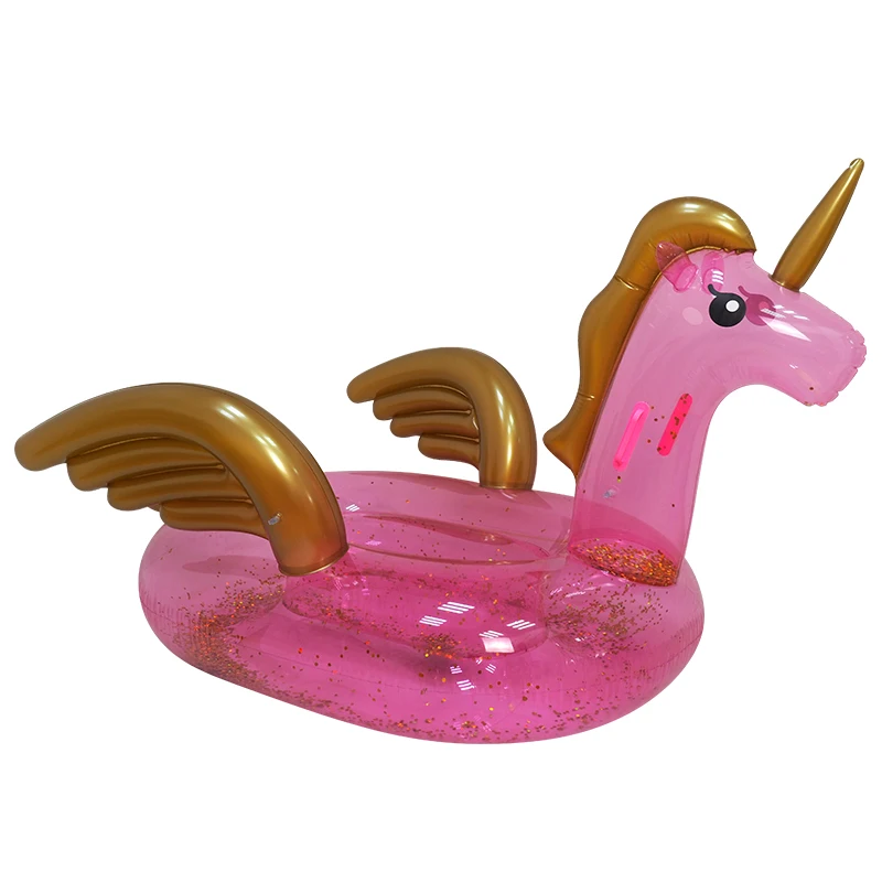 Inflatable island water pool floating unicorn shape with wings and glitter ride-on pink Pegasus pool float with handles