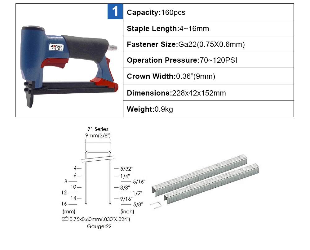 Professional Pneumatic 22GA Air Stapler 7116-421Staple Gun Fine Wire Bea Pneumatic Stapler for Furniture Wooden Frames