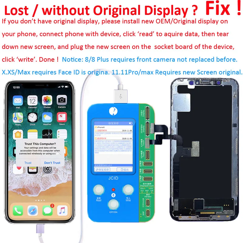 
2020 JC V1S True Tone Light Sensor Fix Programmer Battery Fingerprint Read write Machine for iphone 7 8 Plus X XS Max 11 Pro Max 