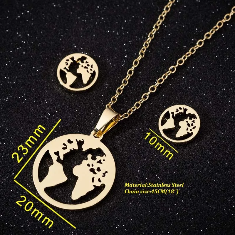 
CLARMER New style personalized stainless steel world map pendant necklace bracelet black stud earrings set wholesale 