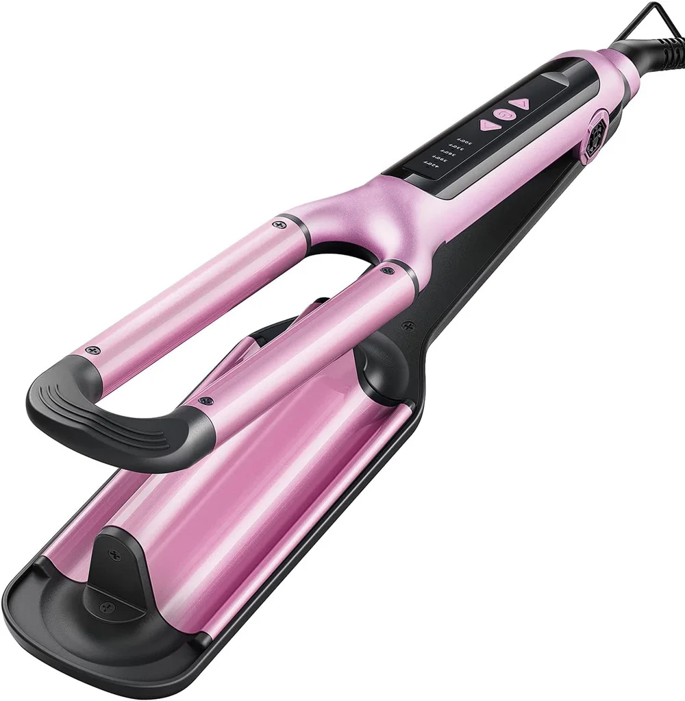 Pink 3 Barrel Deep Hair Waver Adjustable Heat Beach Waves Curling Iron LED Display Ceramic Wave Wand Hair Crimper